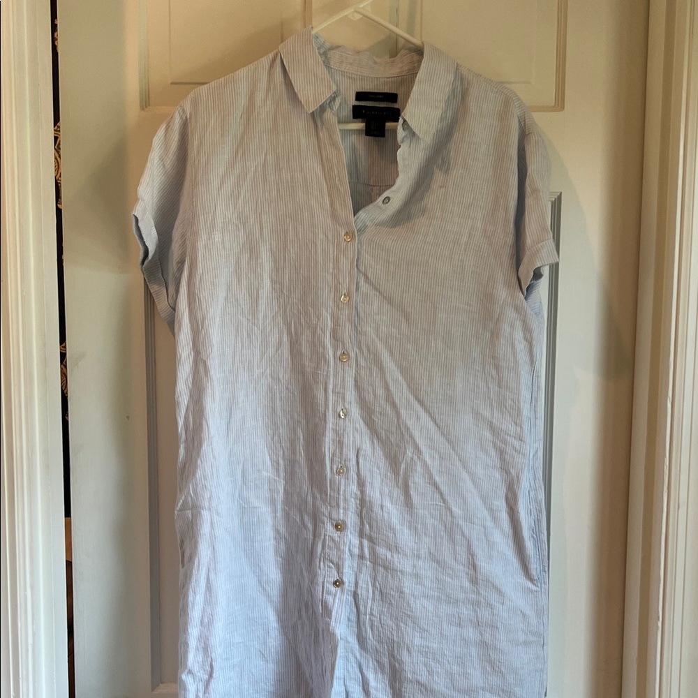 Light Blue white stripe Tahari linen  Shirt dress Large never worn